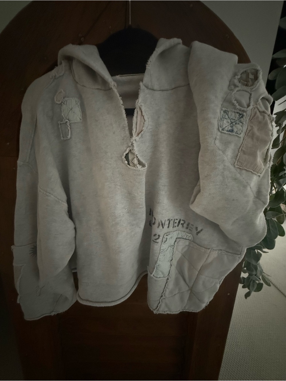 We The Free Kota Vintage Inspired Distressed Light Gray Patchwork Hoodie